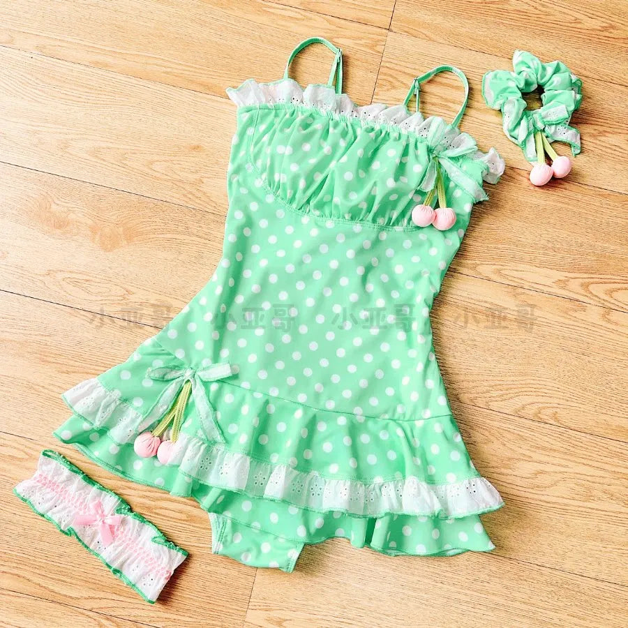 Cute Little Cherry One-piece Swimsuit Sweet Polka Dot Halter Strap Bow One-piece Vacation Hot Spring Bathing Suit Sexy Bikini