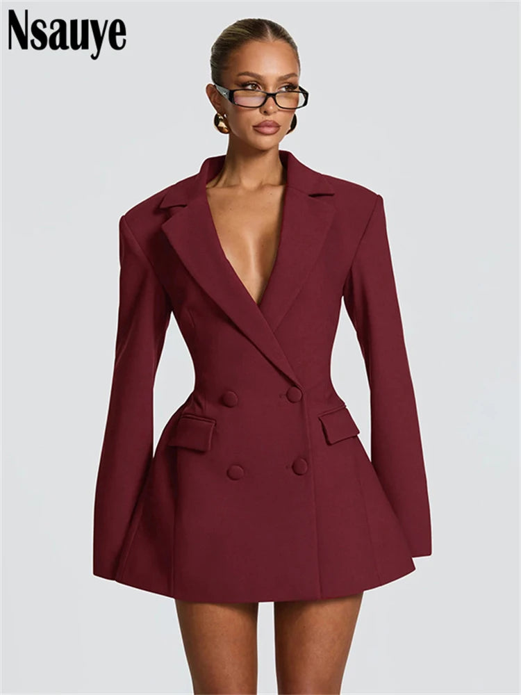 Nsauye Elegant A-Line Short Fashion Evening Black Blazer V Neck Dress Women Winter Clothes Outfits Sexy Night Club Party Dress