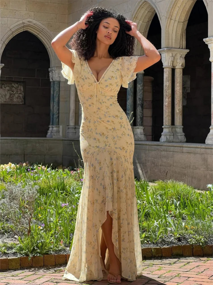 Women Elegant Printed Chiffon Maxi Dress Sexy V-neck Waist-cinching Short Sleeve Slim Gowns Chic 2026 Summer Lady Vacation Robes