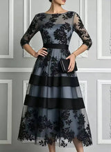 Women Elegant Mesh Midi Formal Dress, Off‑Shoulder 3/4 Sleeve Flocked Floral Stripe Waist‑Cinching Party Dress 2026 European Ame