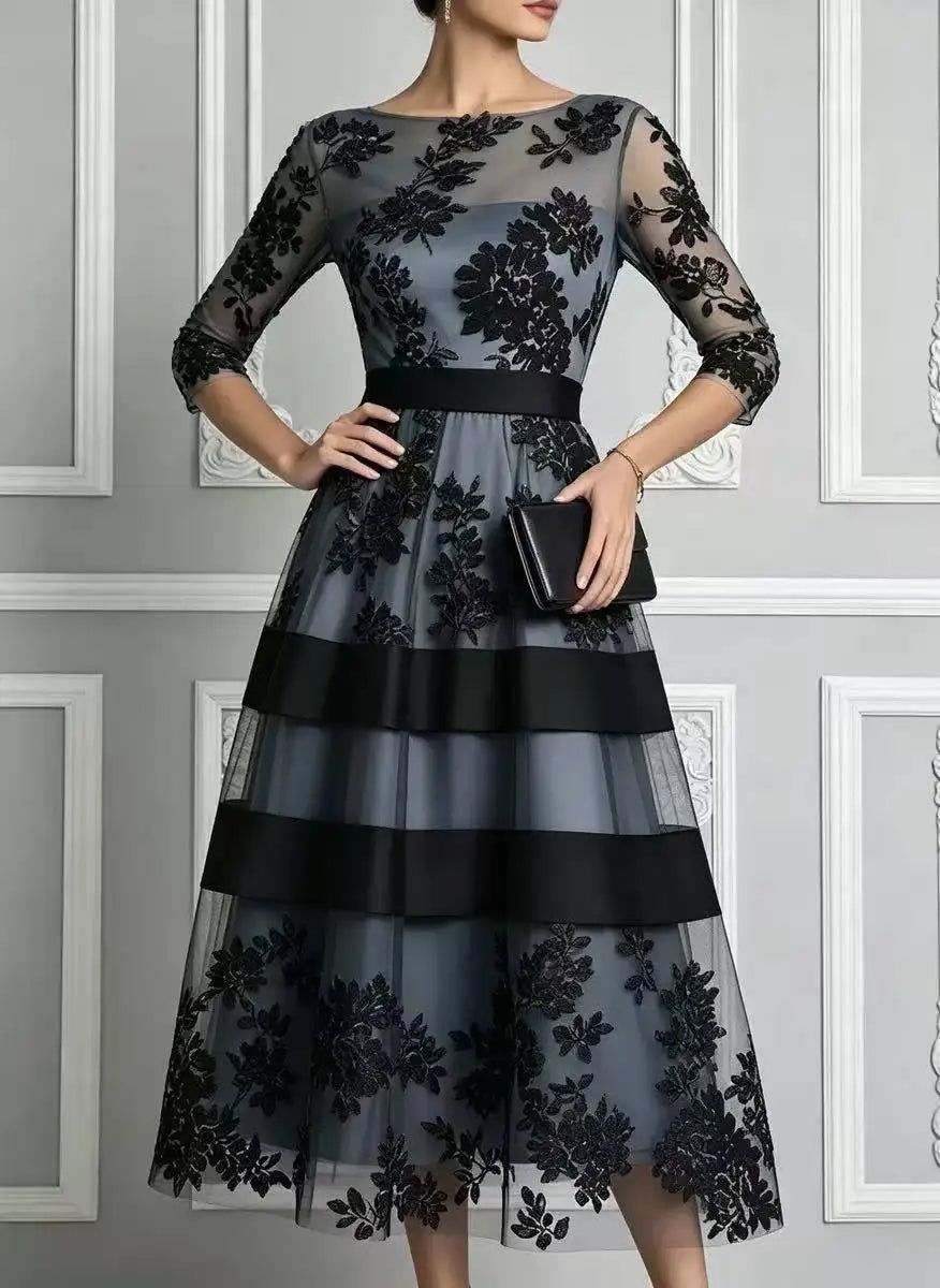 Women Elegant Mesh Midi Formal Dress, Off‑Shoulder 3/4 Sleeve Flocked Floral Stripe Waist‑Cinching Party Dress 2026 European Ame