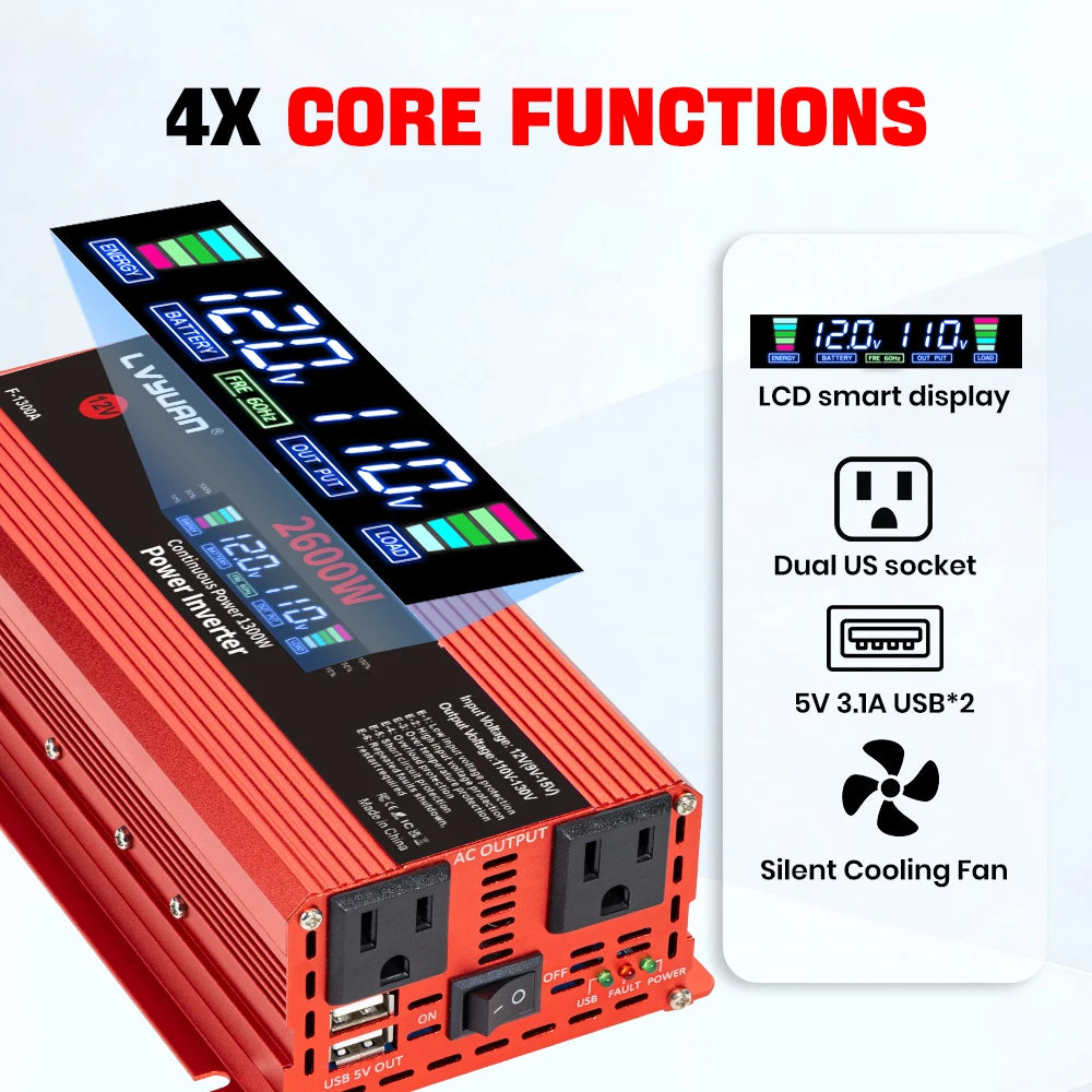 2600W 2000W 1500W Car Inverter 12V 110V Power Inversor Smart LCD Display Power Supply for Outdoor Camera/Phone/Drone Charging