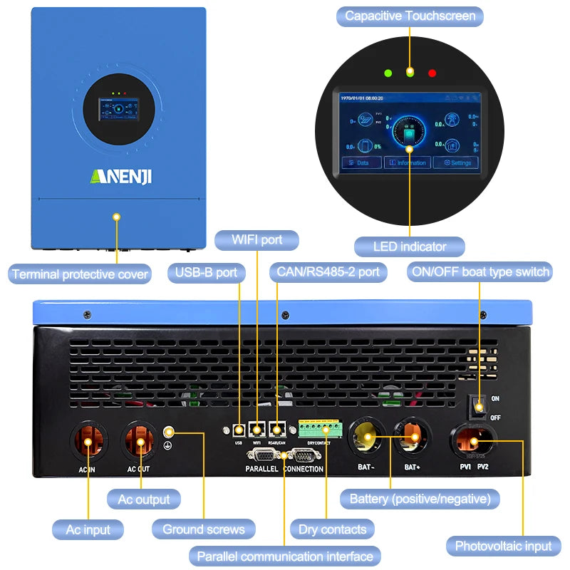 ANENJI Split Phase 12KW 48V Hybrid Solar Inverter 120/240VAC Pure Sine Wave Parallel Inverter built-in 2 MPPT 200A Solar Charger