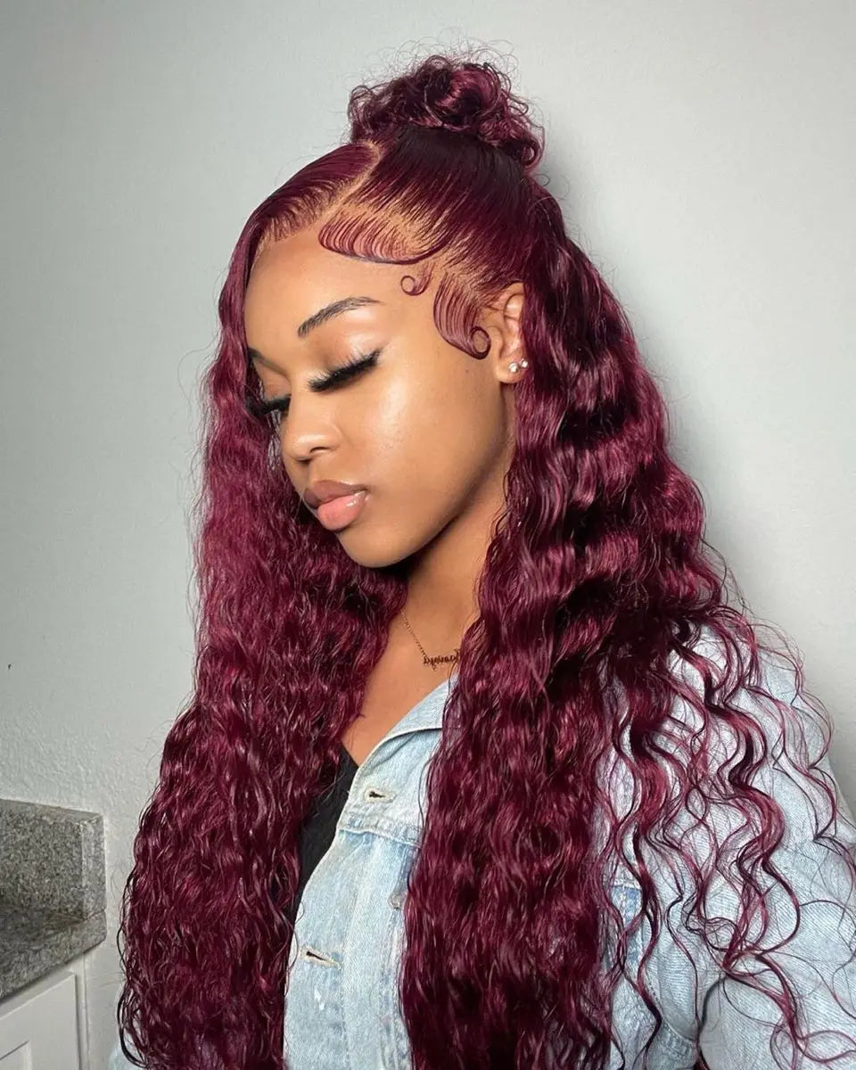 34 Inch 200% Density 99J Burgundy Wine Red 13x4 Lace Front Wigs With Natural Deep Wave, Transparent Lace And Baby Hair, Pre-Pluc