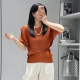 Pleated Top 2026 New Round Neck Short Sleeve Batwing T-Shirt Women Summer Lightweight Vacation Travel Women's Clothing