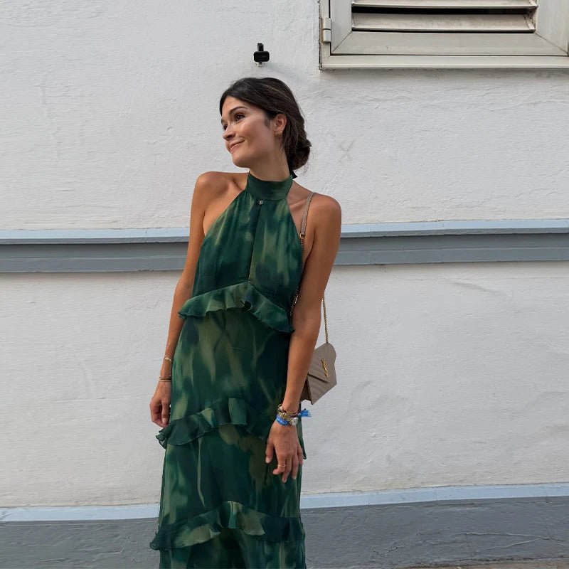 Sexy Cascading Ruffle Pleated Women's Long Dress Fashion Lace Up Sleeveless Empire Female Dresses 2026 Spring Summer Lady Robe