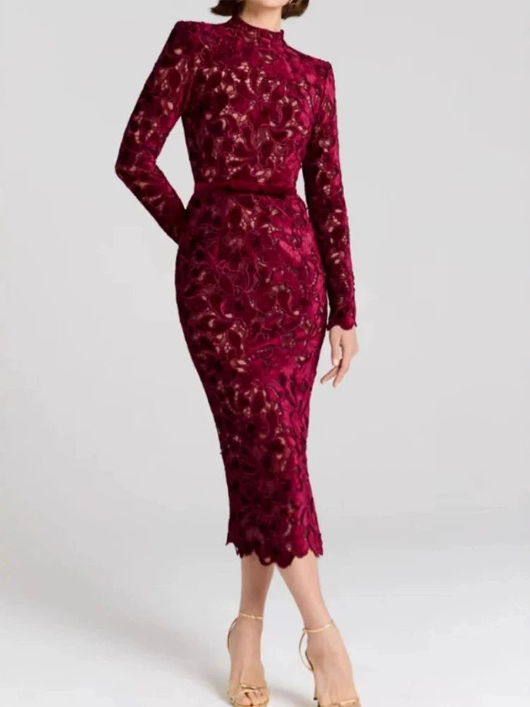 Leisure and comfortable lace jacquard round neck long sleeved slim fit dress socialite style banquet evening gown