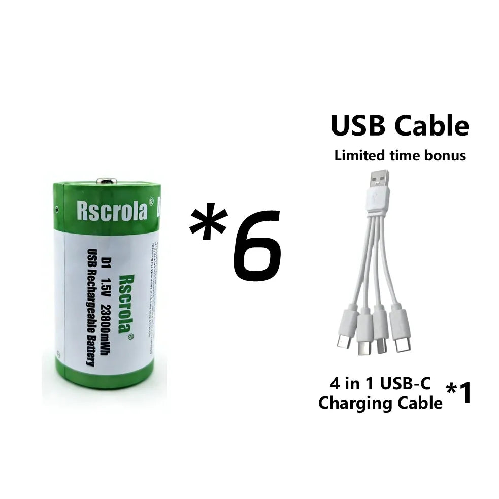 USB D Li-ion Rechargeable Batteries, High Capacity 1.5V 23800mWh Rechargeable D Battery, 4 H Fast Charge with Type C Port Cable