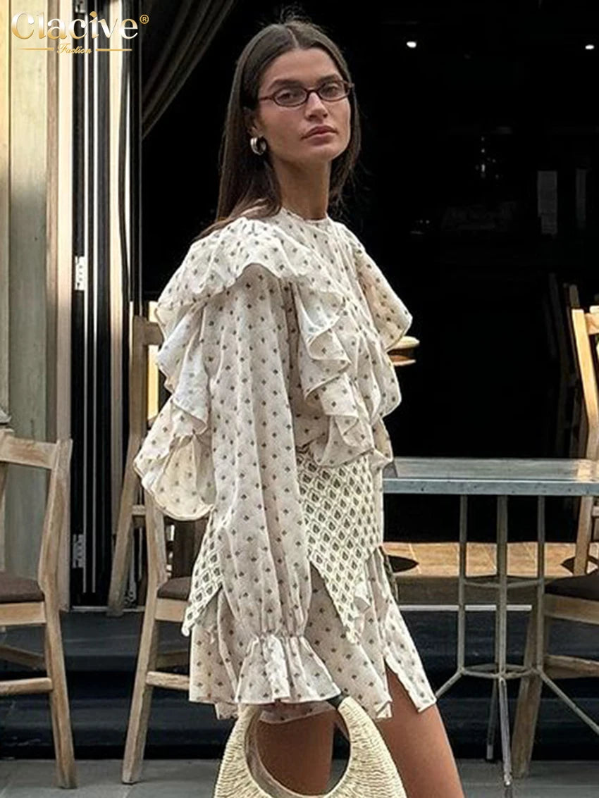 Clacive Fashion Loose Print Women's Dress 2025 Casual O-Neck Long Sleeve Mini Dresses Elegant Classic Ruffle Girdle Female Dress