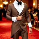 Men Grey Double Breasted Tailcoat Suit 2 Pieces White Peak Lapel Gold Buttons Slim Fit Jacket Pants Set Wedding Groom Tuxedo For Party Prom