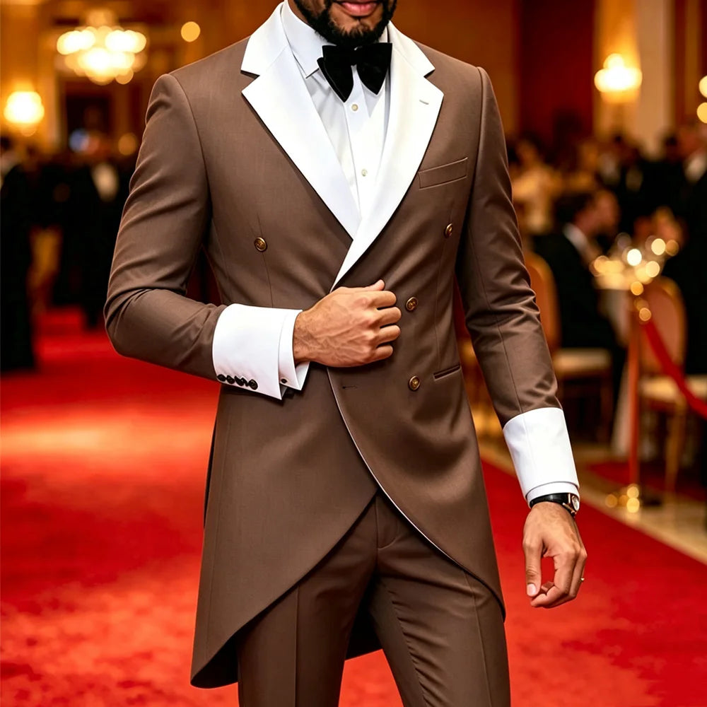 Men Grey Double Breasted Tailcoat Suit 2 Pieces White Peak Lapel Gold Buttons Slim Fit Jacket Pants Set Wedding Groom Tuxedo For Party Prom