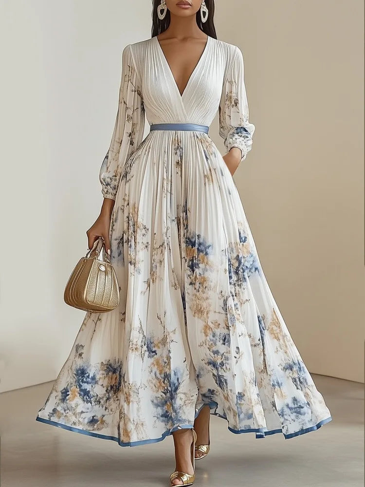 Elegant Long Sleeve Maxi Dress Women 2025 Summer Fashion Slim Floral Print V-neck Long Dresses Casual