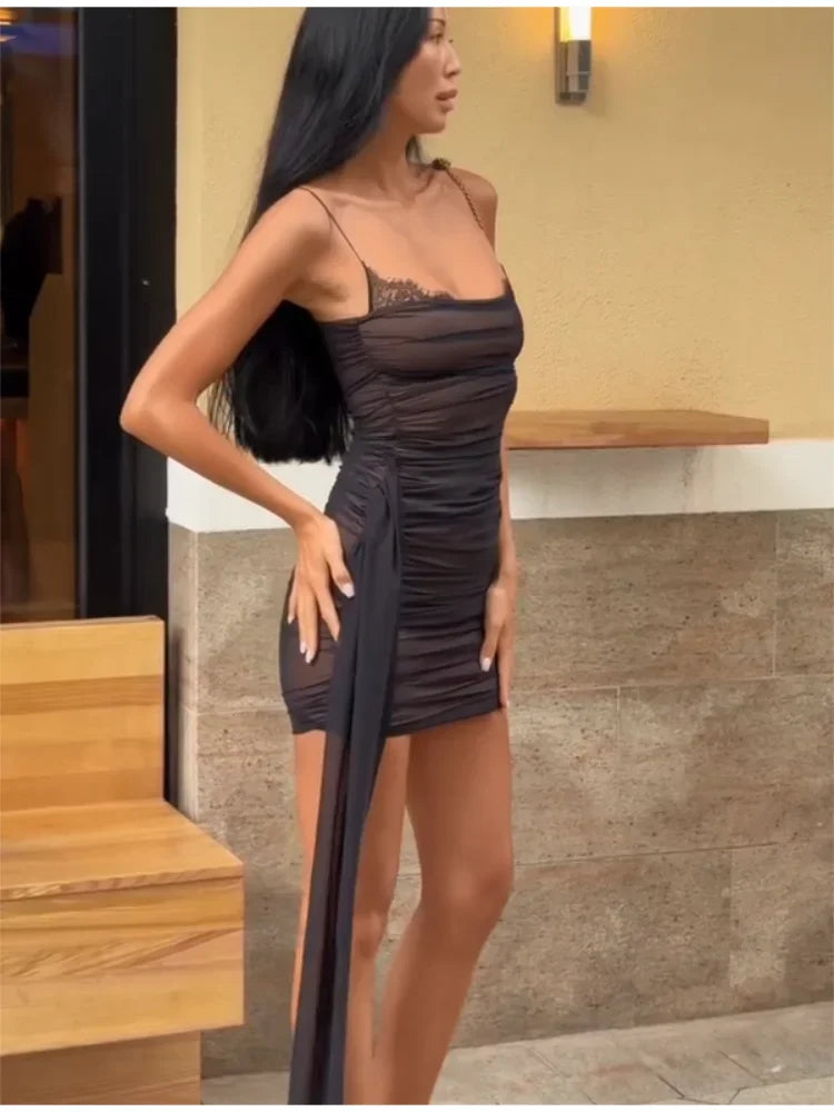 Sexy Black Sheer Mesh Sling Dress Women Lace Trim Square Neck Pleated Ribbon Bodycon Mini Dresses 2026 Lady Party Club Robe