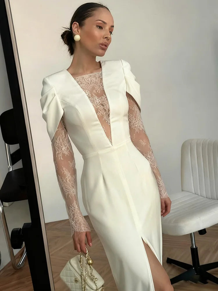 JULISSA MO Patchwork Lace See Through Slit Women Maxi Dress Long Sleeve Deep V-neck Dress Winter New Elegant Party Evening Dress