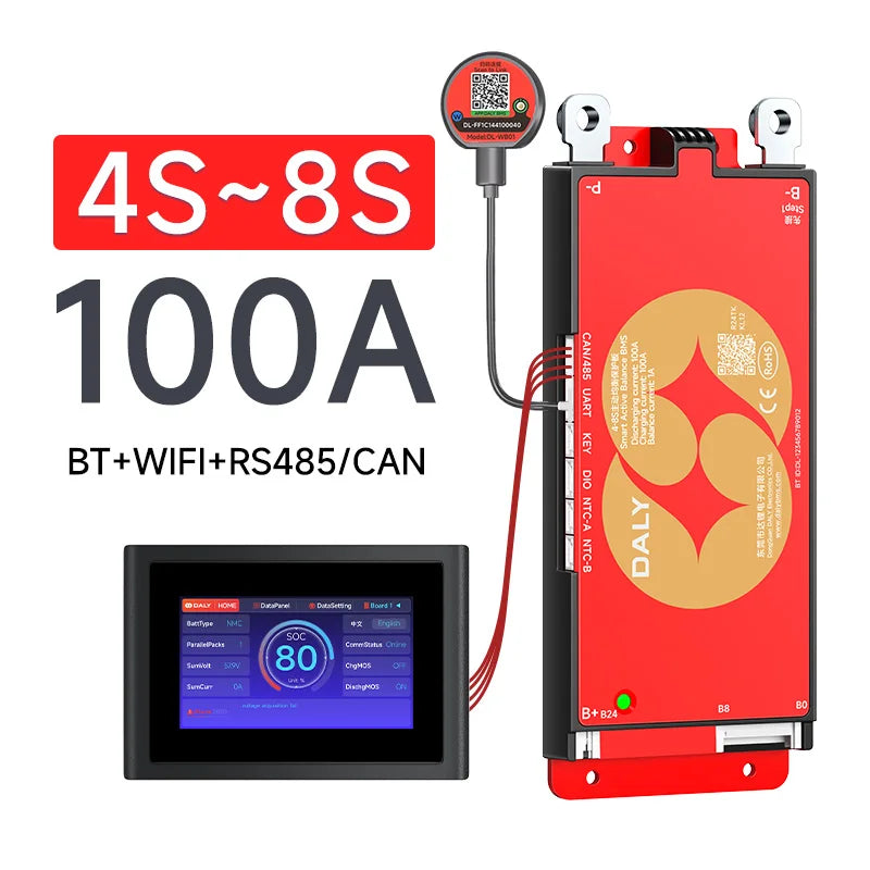 Daly Smart BMS 4S 7S 8S 24S 16S 17S 4S 40A 60A 100A 150A 1A Active Balance BMS for lifepo4 with wifi 4.3 LCD Built-in bt Li-Ion