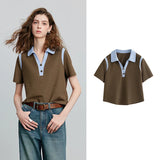 TOYOUTH Women T-Shirt 2026 Summer New Color Block Splicing Pique Cotton Light Sporty Polo Collar Trendy Tops