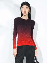 LANMREM Gradient Pleated T-shirt For Women Round Neck Long Sleeves Slim Thin Style Female Chic Top 2025 Spring New 2DB2141