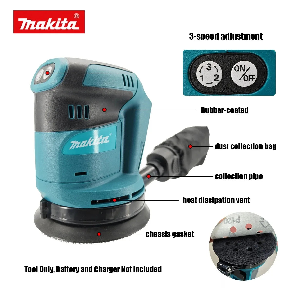Makita DBO180Z 18V Brushless Cordless Orbital Sander  3 Speed 7000-11000 OPM with Pad Brake for Furniture Use