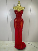 Sexy Red Strapless Mesh See Through Long Dress Evening Party Luxury Sparkly Diamond Birthday Nightclub PhotoShoot Stage Costumes