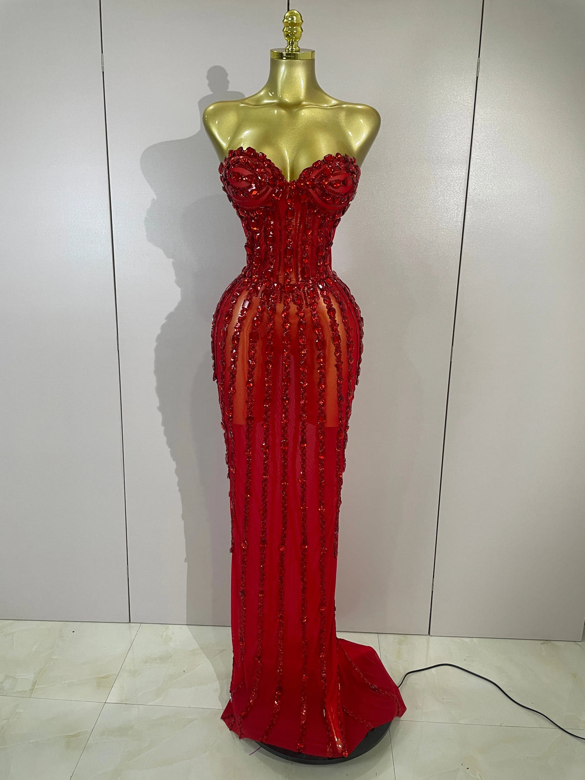 Sexy Red Strapless Mesh See Through Long Dress Evening Party Luxury Sparkly Diamond Birthday Nightclub PhotoShoot Stage Costumes