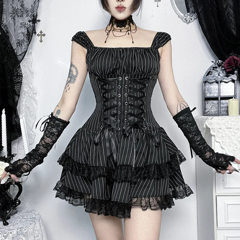 Goth Dark Lolita Outfits Cyber Y2K Striped Bandage Mini Dresses Sweet Lace Stitch Hem Cake Dress Mall Gothic Straps Party Gown