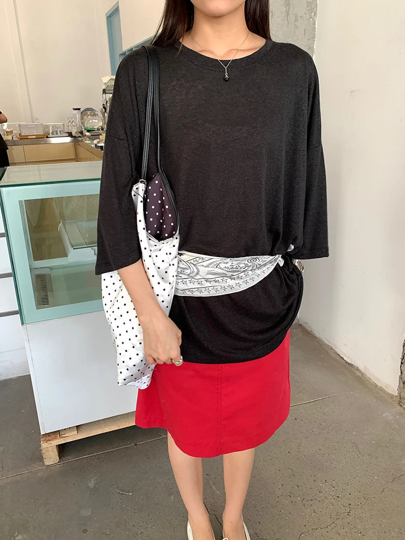 Summer Women's Casual Loose T-shirt Solid Color Round Neck Short Sleeved Top for Comfortable Fashion