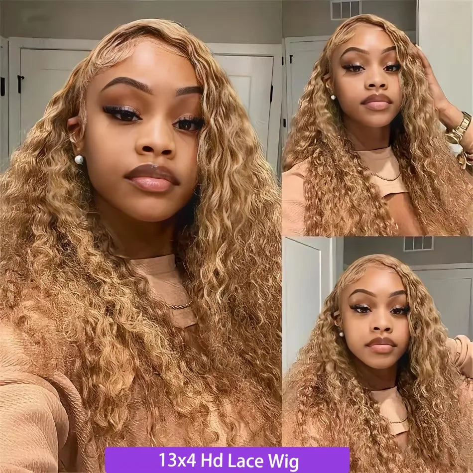 Highlight Deep Wave Lace Front Wigs Honey Blonde HD 13x6 Transparent Frontal Wigs 220 Density #27 Curly Wig Human Hair 26-32Inch