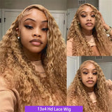 Highlight Deep Wave Lace Front Wigs Honey Blonde HD 13x6 Transparent Frontal Wigs 220 Density #27 Curly Wig Human Hair 26-32Inch