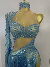 Sexy Latin Dance Outfits Sparkly Diamond Blue Rhinestone Mesh One Shoulder Tassel Dress Eveing Party Bar Nightclub Stage Costume