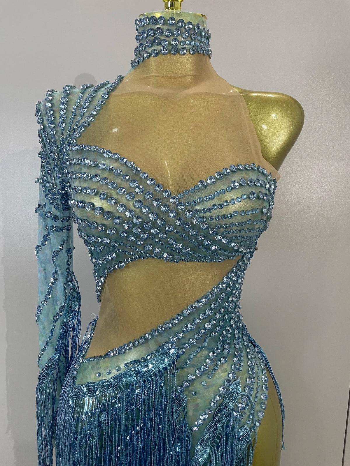 Sexy Latin Dance Outfits Sparkly Diamond Blue Rhinestone Mesh One Shoulder Tassel Dress Eveing Party Bar Nightclub Stage Costume