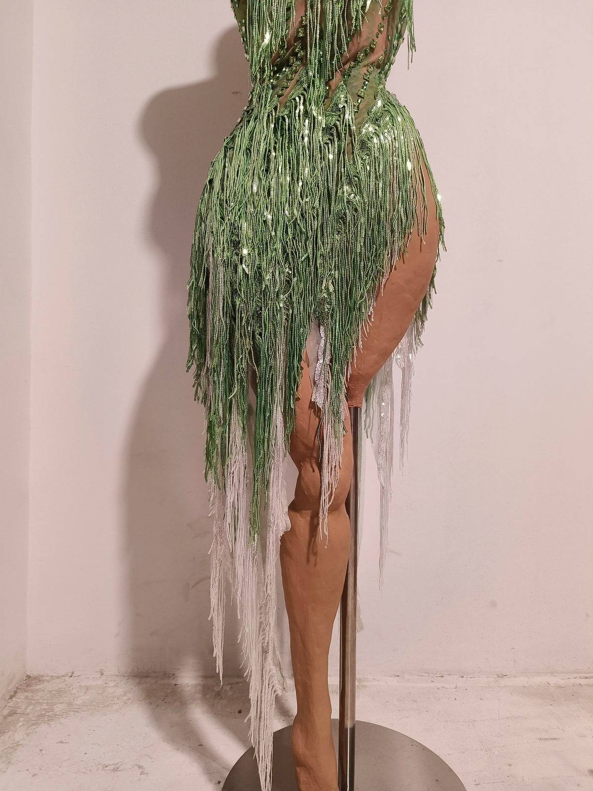 Women Sparkly Rhinestones Tassel Green One Shoulder Sexy See-Through Dress Latin Dance Outfits Bar Nightclub Party Stage Costume