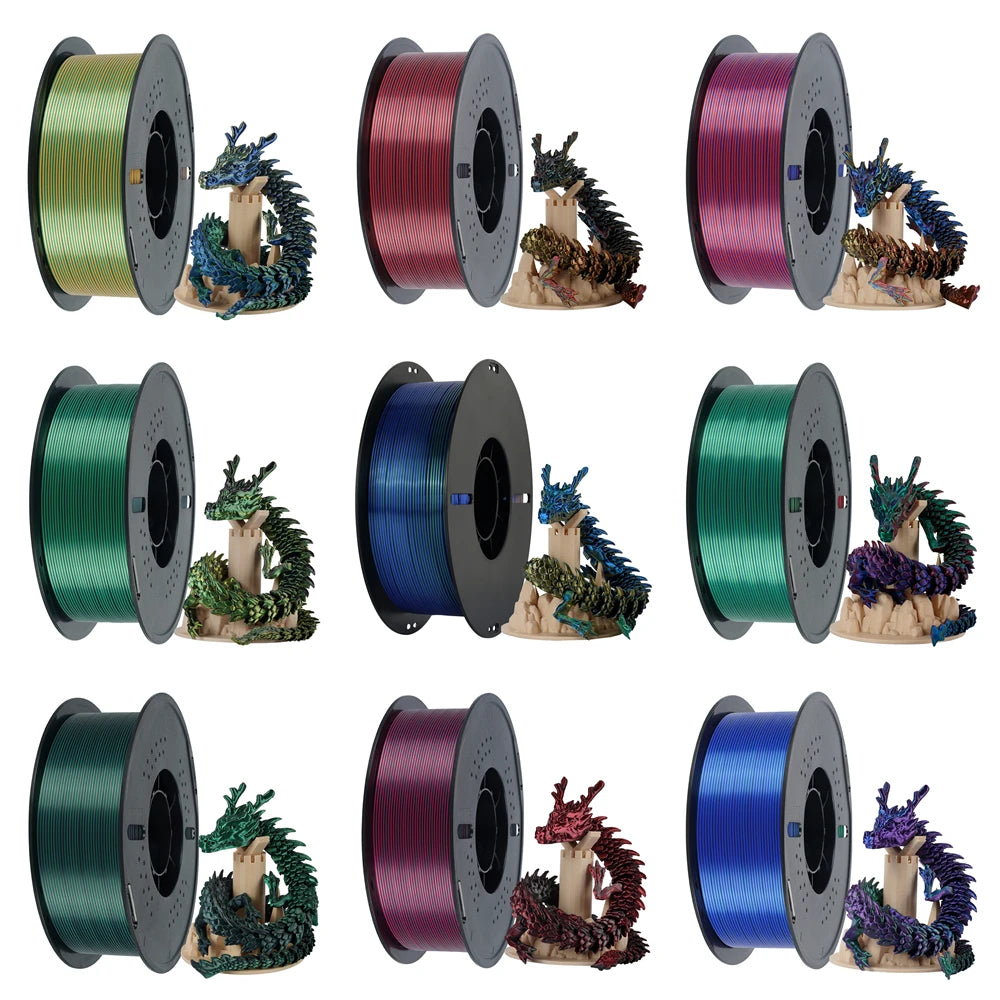 KINGROON 5KG Silk Tricolor PLA Filament 1.75mm, Three-colour Coextrusion 3D Printing Material, New Color Change, 5Roll 1kg/Spool