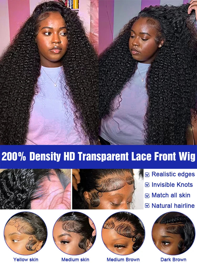 40 42 Inch Deep Wave 13x4 13x6 Hd Lace Front Wig For Black Women Transparent Hd Swiss Lace 300% High Density Water Wave Full Lace Frontal Wig Bouncy Jerry Culry Human Hair Glueless Wigs Malaysia Virgin Raw Wet and Wavy Preplucked Hairline Bleached Knots