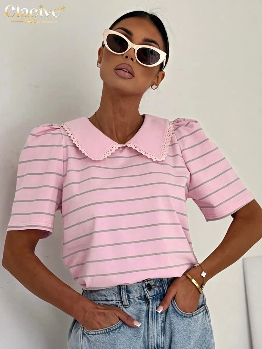 Clacive Summer Loose Stripe Print Women's T-Shirt 2026 Fashion Lapel Short Sleeve T Shirts Elegant Classic Top Female Clothing