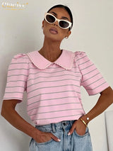 Clacive Summer Loose Stripe Print Women's T-Shirt 2026 Fashion Lapel Short Sleeve T Shirts Elegant Classic Top Female Clothing