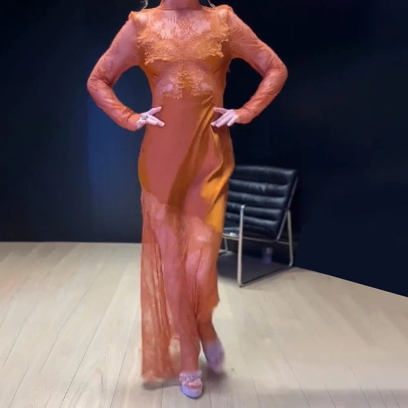 Fashion Women Maxi Dress Sexy Stand Collar Long Sleeve Hollow Out Lace Patchwork Satin Dresses New Wedding Guest Party Long Gown