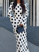 Fashion Polka Dot Print Evening Long Dress Women's Elegant O-neck Hight Waist Party Dress Casual Flared Sleeve Slim Gowns Dress