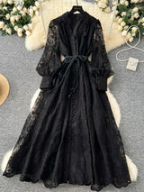 High-End Women's Dress Heavy Embroidery A-Line Long Skirt V-Neck Lantern Sleeve Single Button High Waist Korean Style Commute