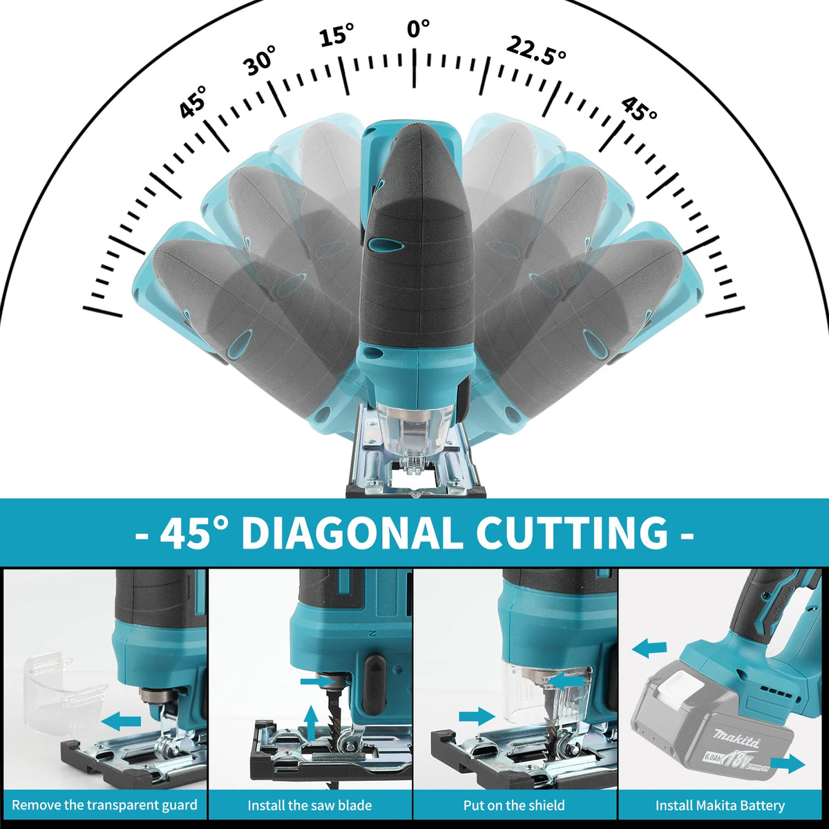 Makita DJV182 18V Cordless Jigsaw 300W 0-2700rpm 80mm Stroke ±45° Bevel Cut Power Tool for Wood Plastic Metal Cutting
