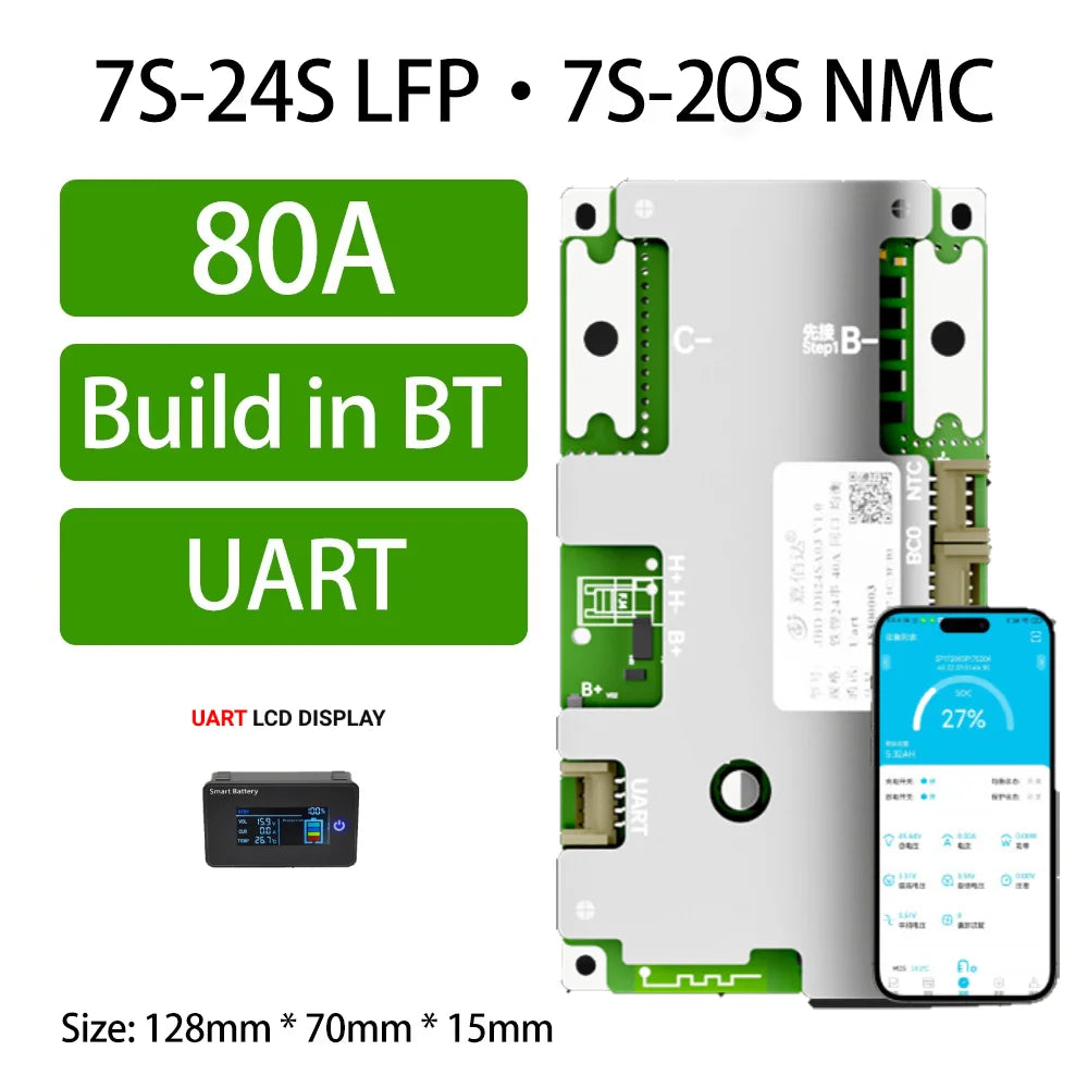 JBD BMS 7S-24S Built-in Bluetooth Smart BMS 8S 24V 10S 36V 16S 48V 60V 20S 24S 72V 40A 50A 60A 80A LFP NMC Bms For Electric Bike
