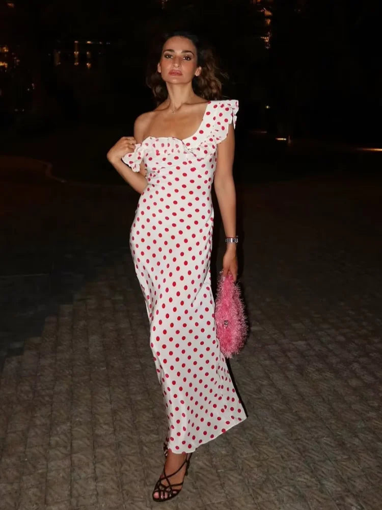 Chic Polka Dot Ruffle Trim Maxi Dress Women Elegant Sleeveless Square Neck Bodycon Maxi Dresses Lady Vacation Beach Robes 2026