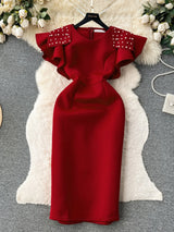 Ele Retro Beaded round Ne Svel Dr Women's Waist Cinching Slimming High End Feeling Aosphere Long Dr