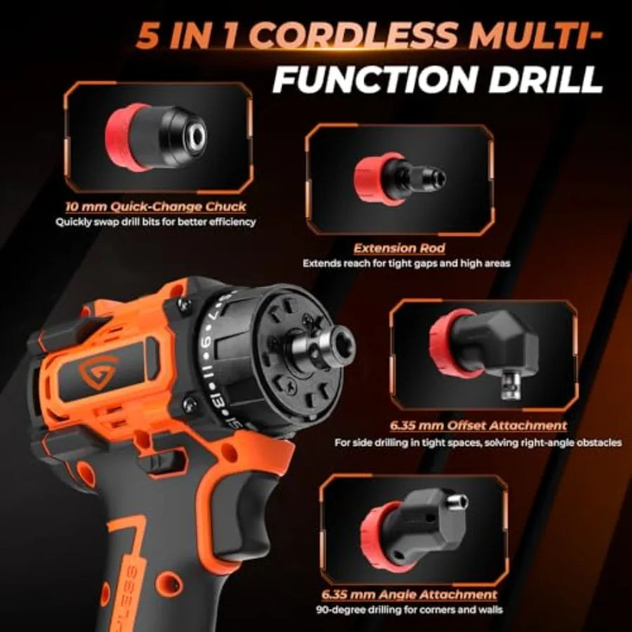 21V Brushless Cordless Drill Driver Kit 5-in-1 Multi-Head System with 2 Batteries and Charger Right Angle Adapter Offset Head 3