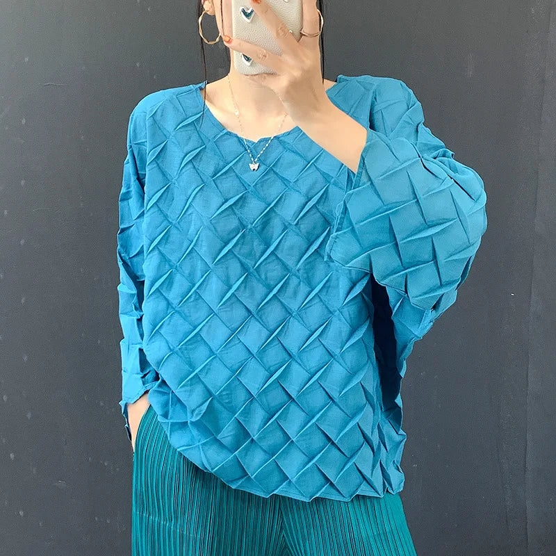 LANMREM 2026 New Handmade Pleated O-neck Women's T-Shirt Casual Versatile Pullover Top Trendy Loose Long Sleeve Clothing 2DB6773