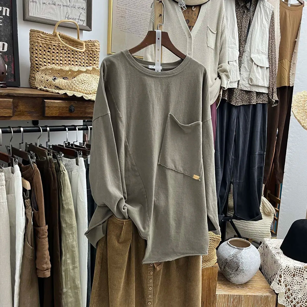 Autumn Women T shirt o neck Long Sleeve Solid Color Irregular Basic Tops Pockets Loose Casual Lady Blouse Female YoYiKamomo