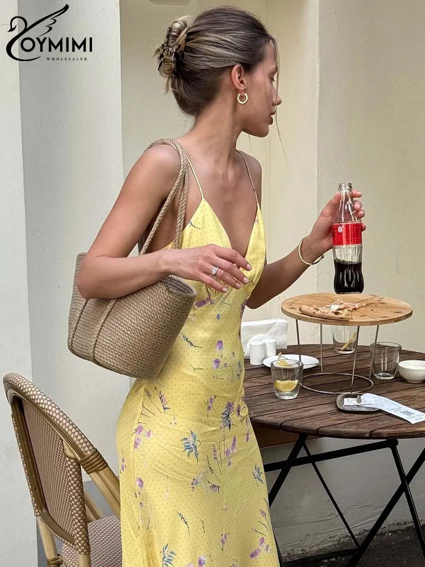 Oymimi Casual Yellow Print Women's Dress Elegant Spaghetti Strap Open Back Dresses Autumn Fashion High Waist Ankle-Length Dress