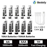 AA AAA Battery 1.5V 5800mAh and 3600mAh Lithium Rechargeable Batteries Fast Charging Li-ion Battery 2000 Cycles Type-C Cable