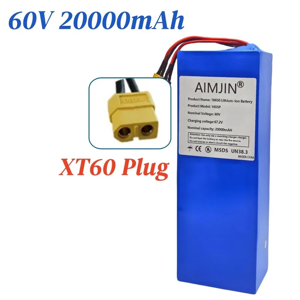 16S5P 60V 20Ah lithium battery pack 2000W high-power with built-in BMS for Motorcycle, scooter, Bicycle MotorReplace battery