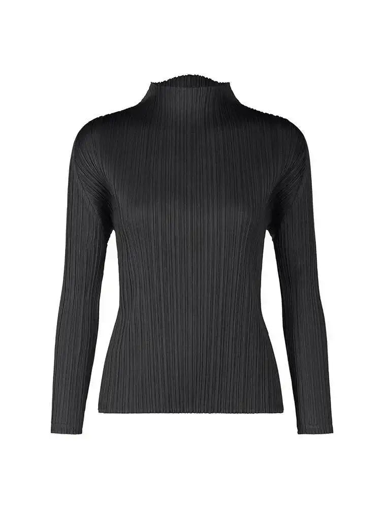 LANMREM 2025 New Long Sleeved Women's Pleated T-shirt Base Solid Color Stand Collar Slim Fit Long Pullover Tops Chic 2DB2996