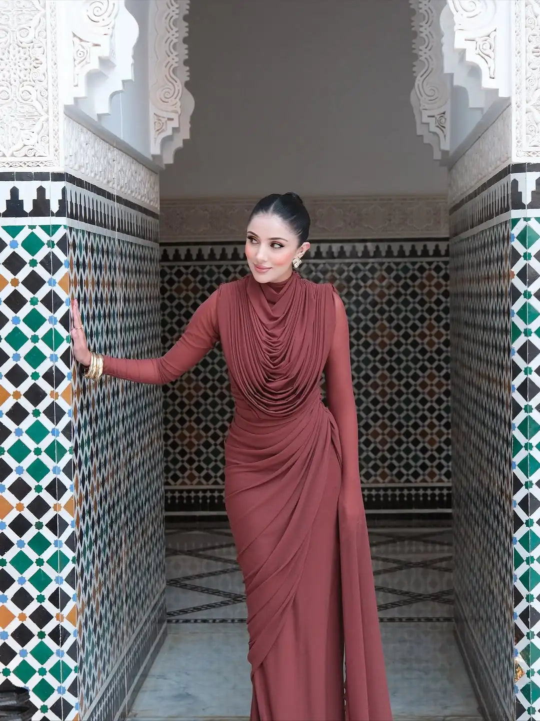 Solid Draped Neckline Long Dress Women Elegant Full Sleeve Cinched-waist Pleated Bodycon Robe 2026 Lady Chic Evening Dinner Gown